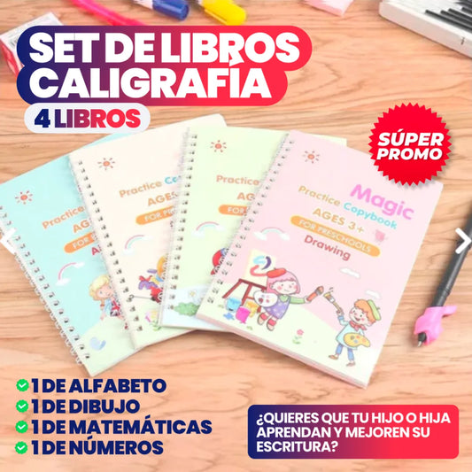 SET DE 4 LIBROS DE CALIGRAFÍA CON TINTA MÁGICA REUTILIZABLE